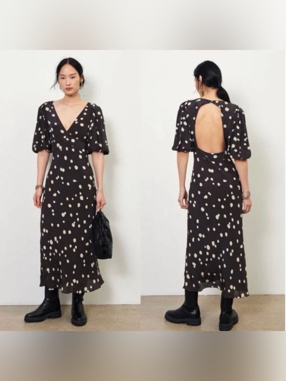 ba&sh Brown Midi Dress with Cream Polka Dots